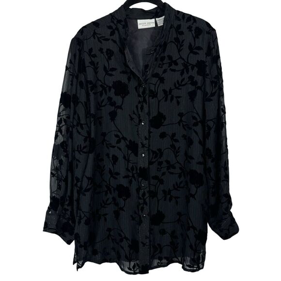 Jaclyn Smith Tops - Jaclyn Smith Classic Womens Black Silk Velvet Burnout Floral Button Top Size L